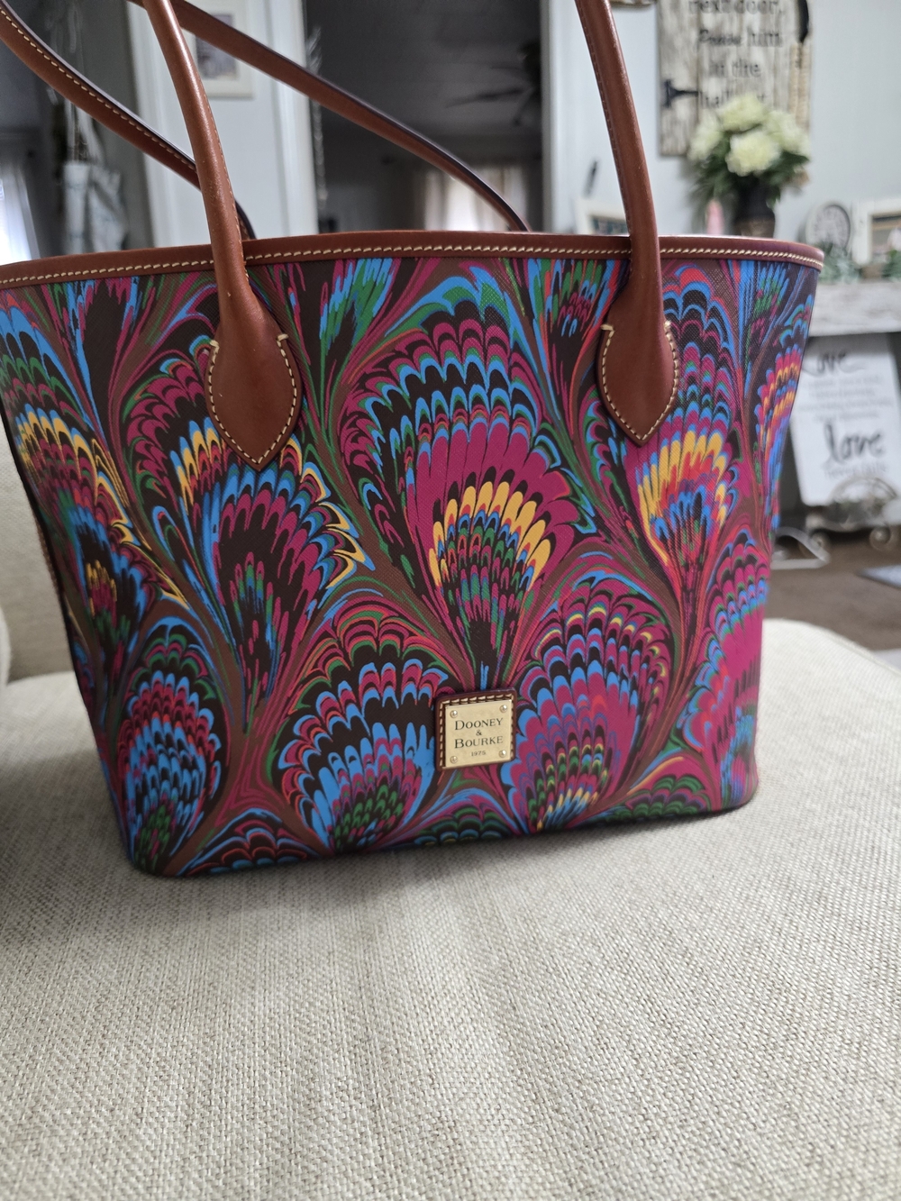 Dooney & Bourke Multicolor Marbled Print Tote and Wristlet with Brown Trim - Picture 2 of 11